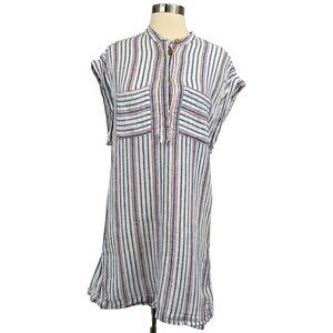 Warm NY Tunic Dress Blue White Size 1 S Multicolor Striped 100% Linen USA Made